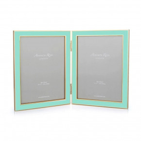Gold Trim, Turquoise Blue Enamel Double Picture Frame 5x7 in