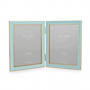 Gold Trim, Powder Blue Enamel Double Picture Frame 5x7 in