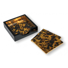 Tortoiseshell by Agustin Hurtado Set of Four 4" x 4" Lacquer Coasters in Holder