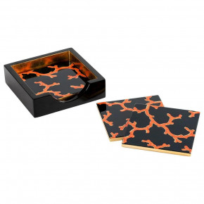 The Coral Sea Black Lacquer Coasters Set of Four 4" x 4" in Holder