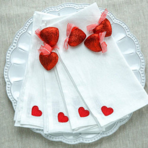 Washed Linen Sweet Heart White (Red) Set of 4 Napkins