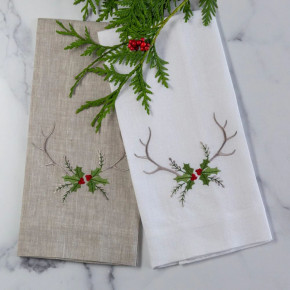 Antlers with Holly, Flax (Multi) 17" x 29" Linen Hand Towel
