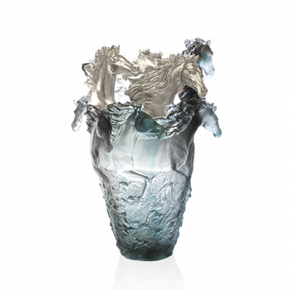 Grey Blue Horse Magnum Vase, 3 Silvered Heads (Special Order)