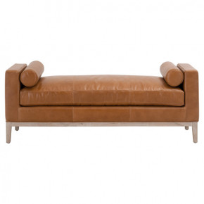 Keaton Upholstered Bench Whiskey Brown Top Grain Leather, Natural Gray Oak