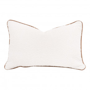 The Not So Basic 20" Essential Lumbar Pillow, Set of 2 Performance Boucle Snow, Whiskey Brown Top Grain Leather Piping