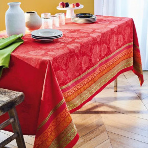 Mille Roses Festives Sangria Coated Stain-Resistant Cotton Damask Table Linens