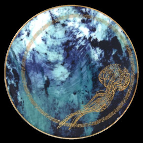 Ocean Blue/Gold Bread And Butter Plate Jellyfish Pattern 16.2 Cm