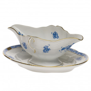Chinese Bouquet Blue Gravy Boat With Fixed Stand 0.75Pt