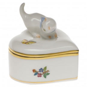 Queen Victoria Multicolor Heart Box With Cat 2.75 in H