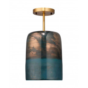 Vapor Semi-Flush Mount In Aqua Metallic Glass & Antique Brass Metal