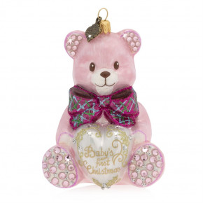 Baby's First Christmas Teddy Glass Ornament Pink