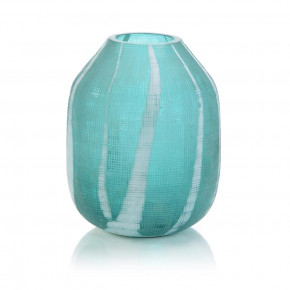 Aqua Green Etched Glass Vase I 11"H x 9"W x 9"D
