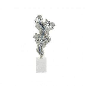 Gleaming Leaf Sculpture on Marble Base, Small Silver
