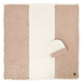 Center Stripe Baby Blanket with Cap 30" x 30" Teddy/Creme