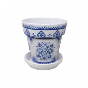Moroccan Blue Melamine 5" Tall x 5.25" Diam Small Flower Pot with Drainage Hole and 4.75" Saucer