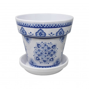 Moroccan Blue Melamine 6.5" Tall x 7.25" Diam Large Flower Pot with Drainage Hole and 6.5" Saucer