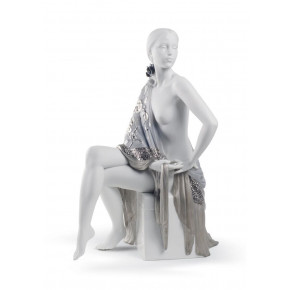 Nude With Shawl Woman Figurine Silver Lustre
