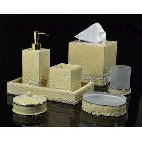 Caviar Cream Pearl Enamel/Gold Trim Round Toothbrush Holder (4"W x 4.75"H)