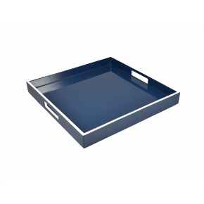 Lacquer Navy Blue/White Trim Square Tray 16" x 16" x 2"H