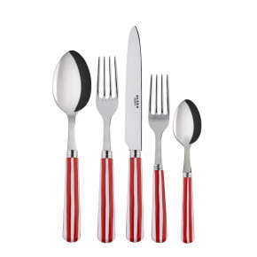 White Stripe Red 5-Pc Setting (Dinner Knife, Dinner Fork, Soup Spoon, Salad Fork, Teaspoon)