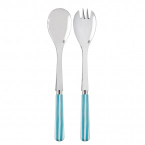 White Stripe Turquoise 2-Pc Salad Serving Set 10.25" (Fork, Spoon)