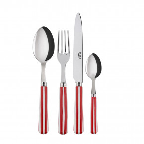 White Stripe Red 4-Pc Setting (Dinner Knife, Dinner Fork, Soup Spoon, Teaspoon)