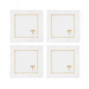 Sferra Filetto Modern Classic White Linen Gold Border Dinner Napkins - Set  of 4