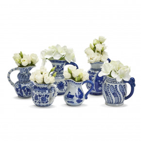 Canton Collection Set of 6 Blue and White Decorative Pitchers Hand-Painted Porcelain