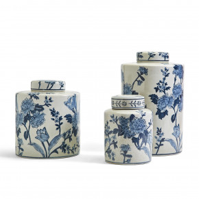 Japanese Blossom Set of 3 Blue and White Decorative Tea Jars with Crackle Finish Hand-Painted Porcelain