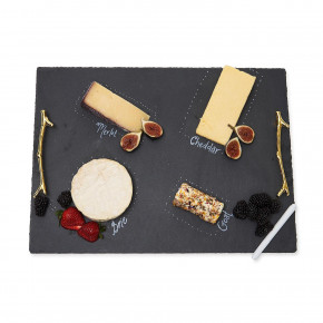 Natural Slate Large Serving Tray with Gold Twig Handles and 2 Chalk Pens in Cotton Bag Slate/Zinc Alloy