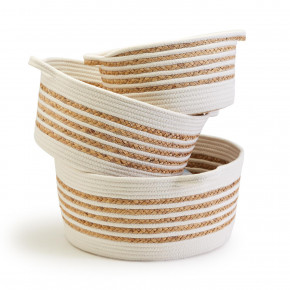 Spiral Duo Set of 3 Hand-Woven Cotton Rope Baskets with Handles and Water Hyacinth Accent Includes 3 Sizes Cotton/Water Hyacinth