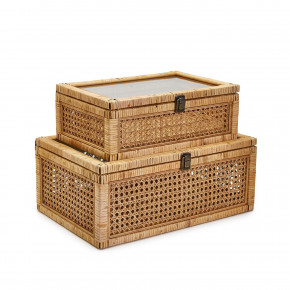 Balboa Set of 2 Hand-Crafted Rattan Decorative Storage Boxes with Glass Lid and Latch Rattan/Fir Wood