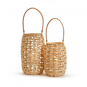Set of 2 Cylinder Rattan Lantern Decor with Vegan Leather Handle and Glass Holder Includes 2 Sizes Rattan/Plywood/Vegan Leather