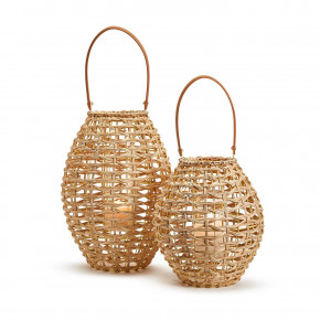 Set of 2 Oval Rattan Lantern Decor with Vegan Leather Handle and Glass Holder Includes 2 Sizes Rattan/Plywood/Vegan Leather/Glass