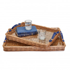 Set of 2 Large Hand-Crafted Wicker Trays with Handles and Acrylic Insert Natural Wicker/Acrylic/Vegan Leather