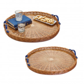 Set of 2 Round Hand-Crafted Wicker Trays with Handles and Acrylic Insert Natural Wicker/Acrylic