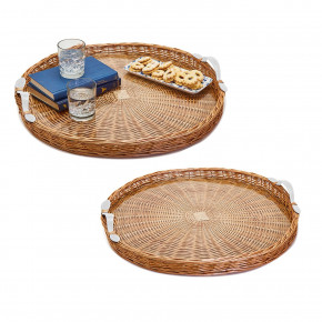 Set of 2 Round Hand-Crafted Wicker Trays with White Handles and Acrylic Insert Natural Wicker/Acrylic