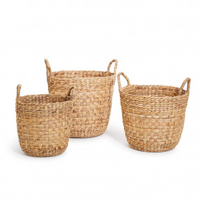 Set of 3 Natural Flat Weave Hand-Crafted Baskets Includes 3 Sizes Water Hyacinth