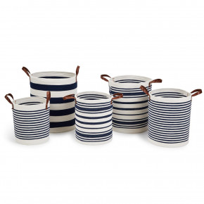 Yacht Club Set of 5 Hand-Crafted Blue and White Striped Baskets Includes 3 Patterns Cotton/Faux Leather