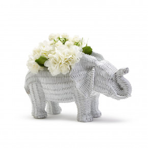 Basket Weave Pattern White Elephant Statuette Cachepot Resin