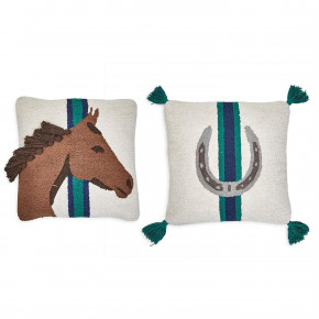 Horse Country Set of 2 Punch Embroidery and Tassel Accent Throw Pillows Assorted 2 Designs: Horse Profile and Horse Shoe (spot clean only) Cotton/Polyester Fill