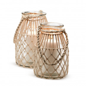 Set of 2 MIlk Jar Vase / Candleholder with Natural Rope Weave and Handle Glass/Cotton