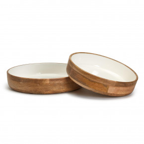 Set of 2 Hand-Crafted Wood Round Pedestal Bowls with Inside White Enamel (dry food only, hand wash only) Acacia Wood/Enamel