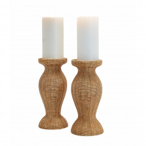 Set of 2 Decorative Basket Weave Pattern Pedestal Candleholder Resin