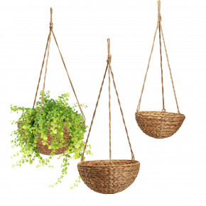 Set of 3 Hand-Crafted Rice Nut Weave Graduated Sized Round Hanging Basket Water Hyacinth, Jute, Iron