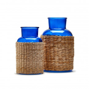 Set of 2 Blue Glass Candle Holders/Vases with Rattan Wrap Glass/Sea Grass