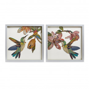 Set of 2 Humming Birds Paper Collage Wall Art Paper/Plastic/Glass