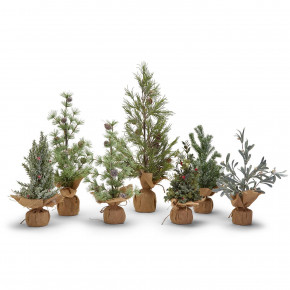 Frosted Evergreens 7 Pc Holiday Tree in Jute Wrapped Base Unit Includes 7 Designs: 5 Small and 2 Large Plastic/Jute