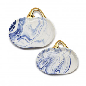 Marbled Set of 2 Blue and White Pumpkin Serving Platters with Gold Stem Dolomite