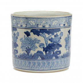 Blue and White Garden Scene Vase/Planter Hand-Painted Porcelain